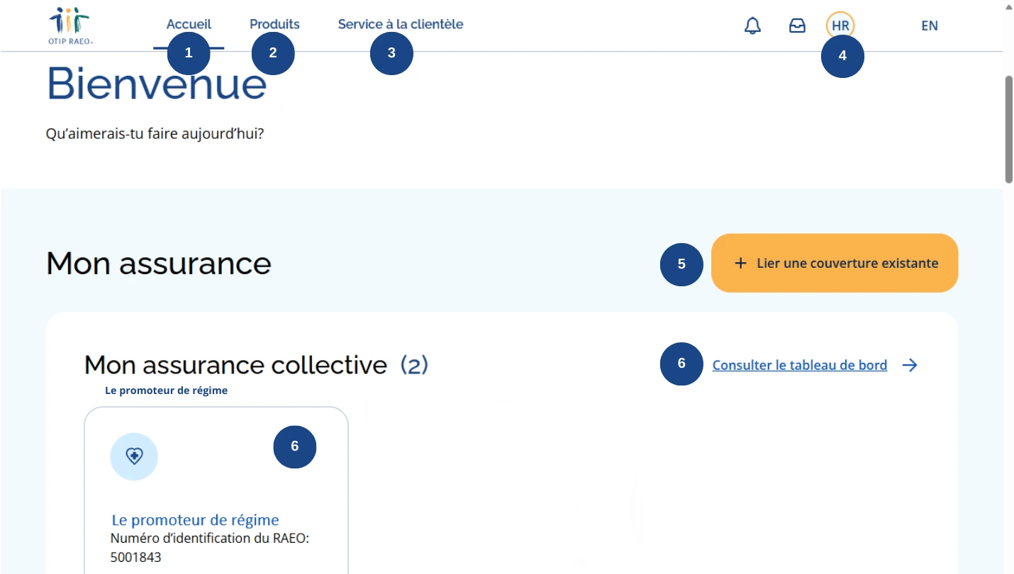 La page d’accueil de Mon compte membre